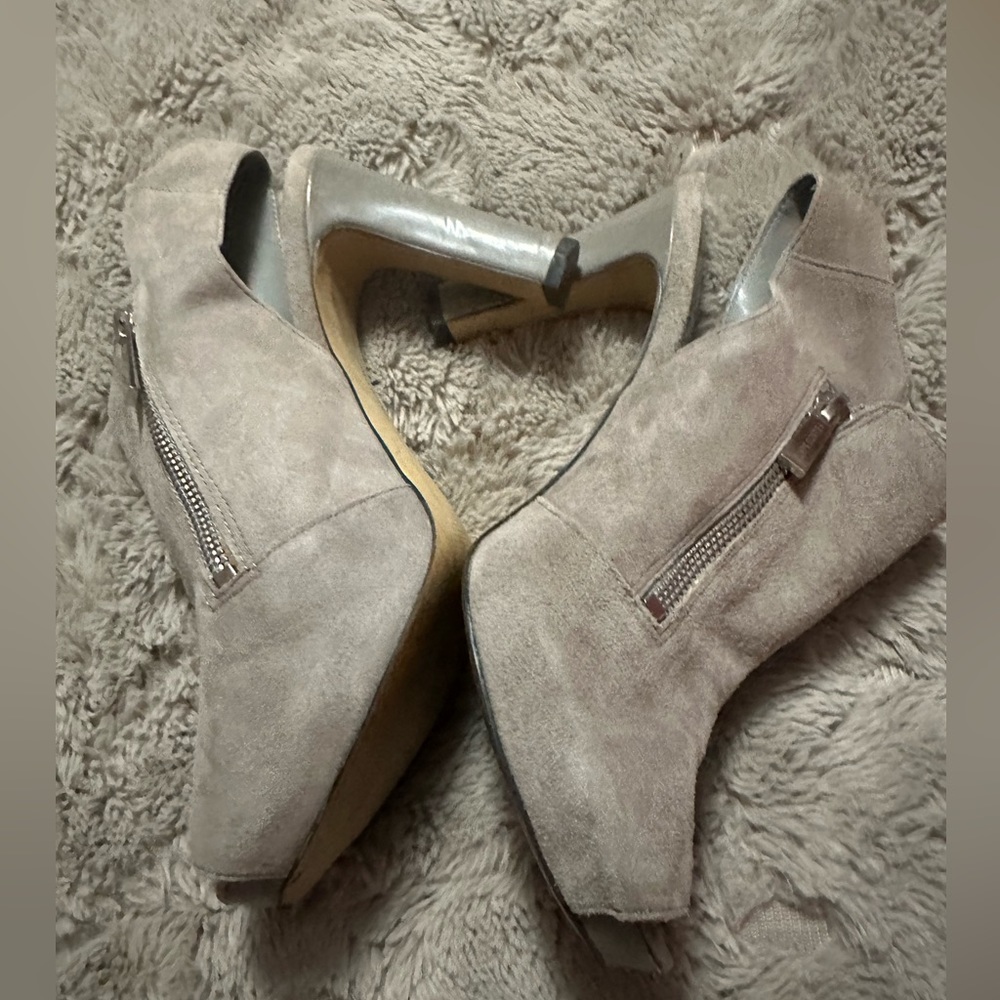 Open toe, high heel, strap-back, tan suede dress shoe